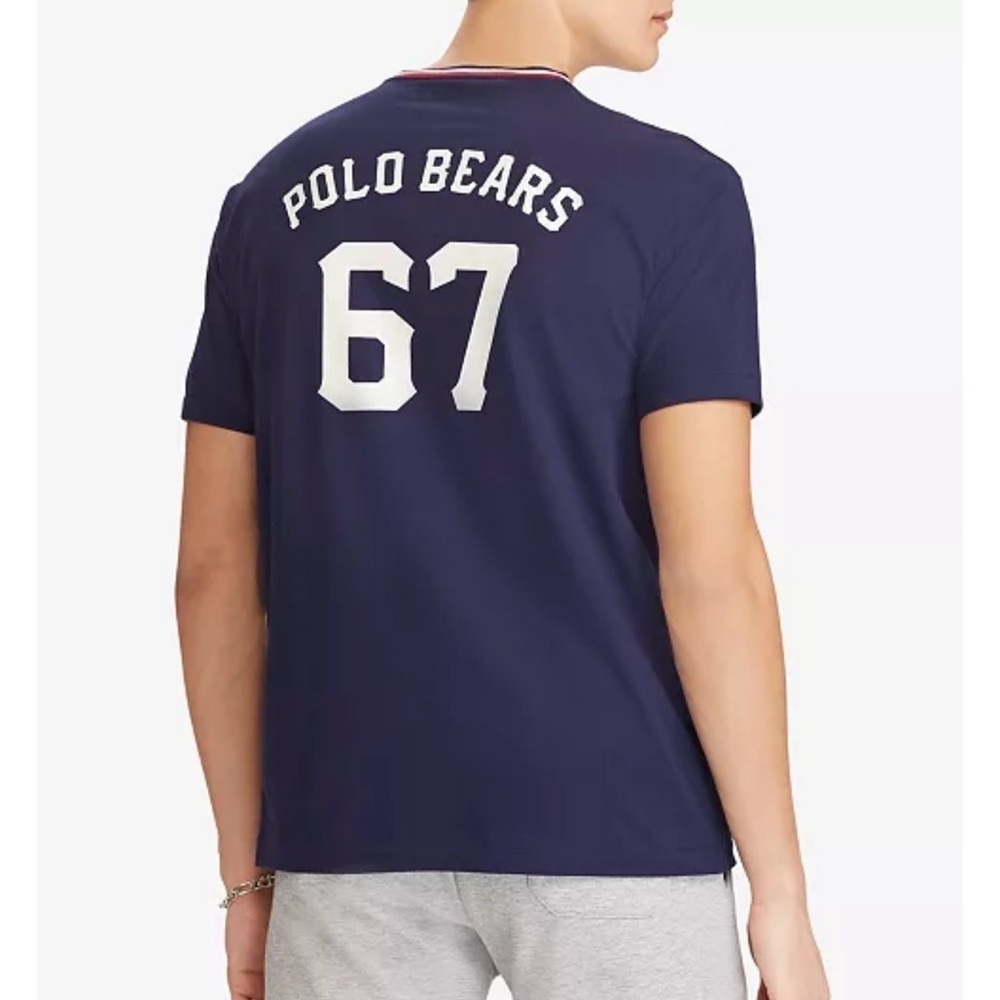Men’s Polo Bear V Neck Jersey Look Navy Blue Graphic T-Shirt - Picture 2 of 13